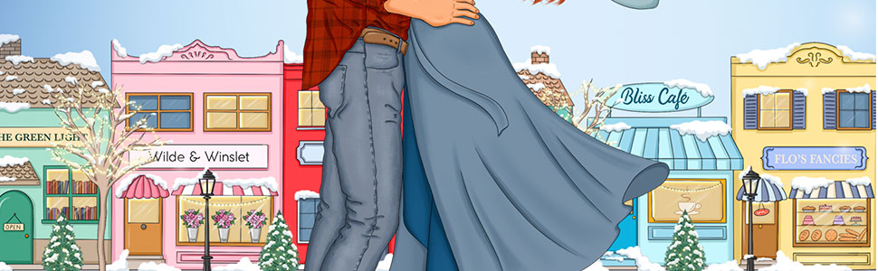 Colorful illustrated storefront scene with pastel-colored shops featuring blue, pink, and yellow buildings with awnings and decorative windows.