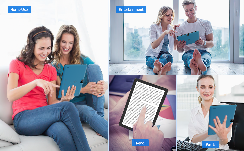 Collage of four scenes showing digital tablet usage in different settings, labeled for home, entertainment, and work purposes.