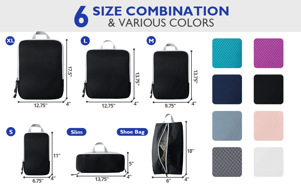 VINOWO Compression Packing Cubes for Suitcases, 6 Set Packing Cubes for