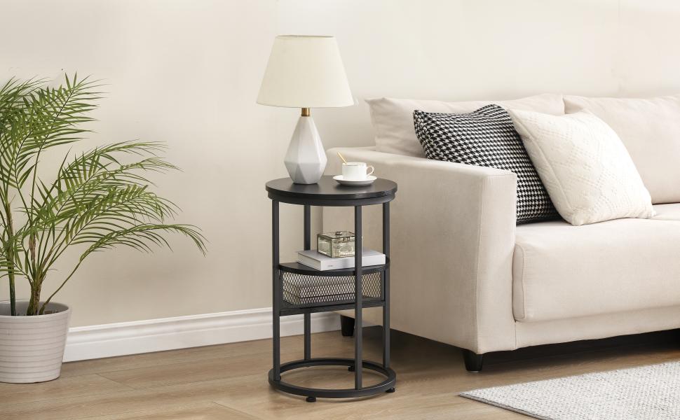 IDEALHOUSE Round Side Table with Storage, Black Wooden End