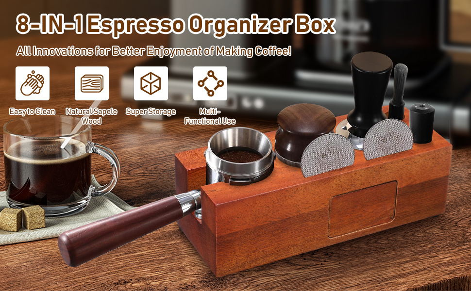 Kannino Wooden Coffee Tamping Station 8 in 1 Espresso Tamper Holder Station Fit for
