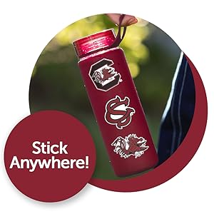 Red thermos water bottle with University of South Carolina stickers on it, Cocky, Gamecocks