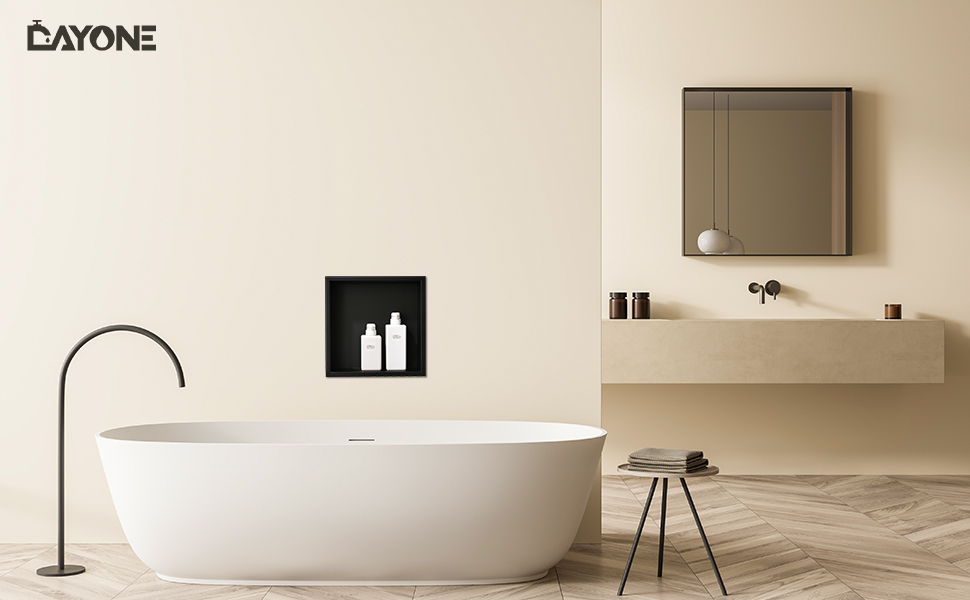 DAYONE Black Shower Niche 12" X 12" NO Tile Needed, Square Stainless