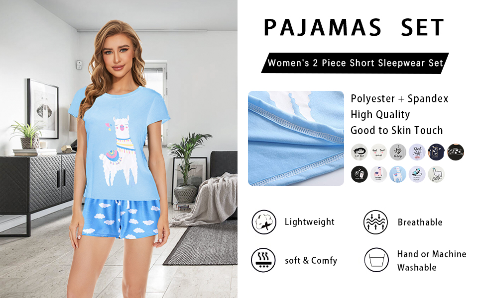 YIJIU Women Short Sleeve Tee and Shorts Pajama Set Cute Alpaca Print