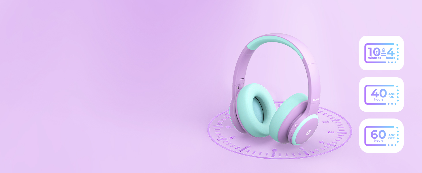 Pastel-colored wireless headphones with mint green earcups and light pink headband. Three circular icons display technical specifications.