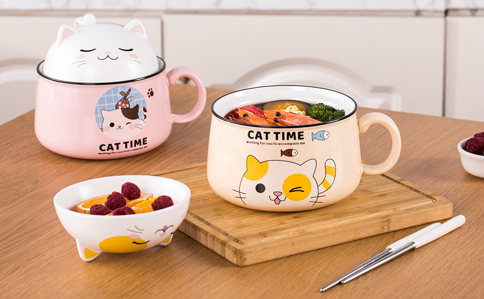 Tsreinh Ramen Bowl Set with Chopsticks, Cute Cat Instant
