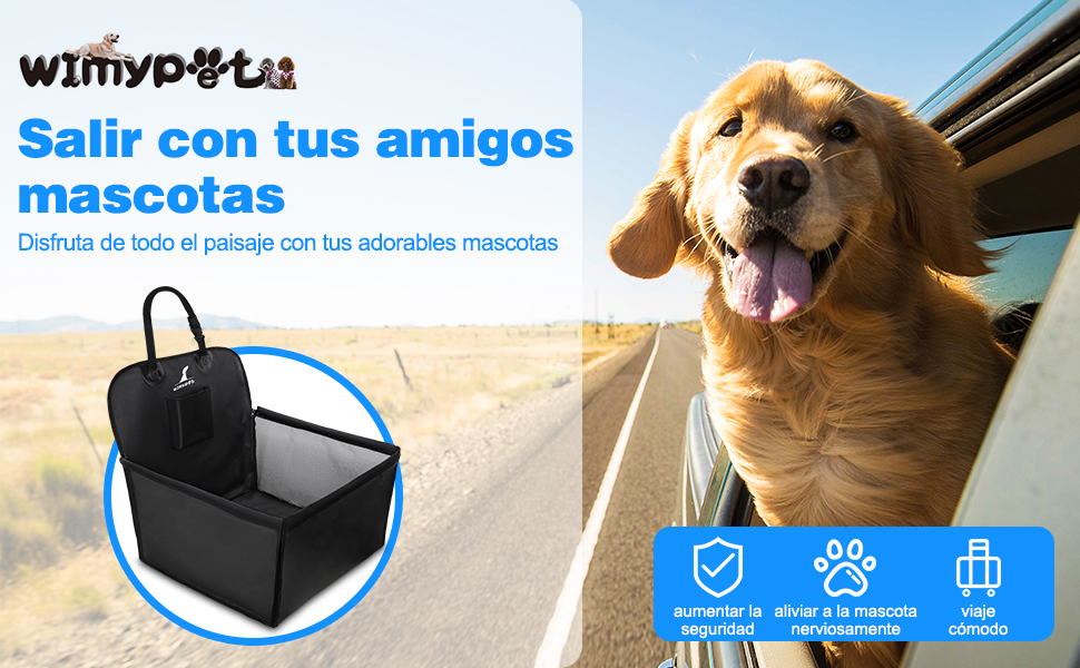 de productos de viaje para mascotas. Muestra a un perro feliz en la ventanilla del coche y en la funda negra del asiento del coche. Texto azul en español e íconos para las características del producto.