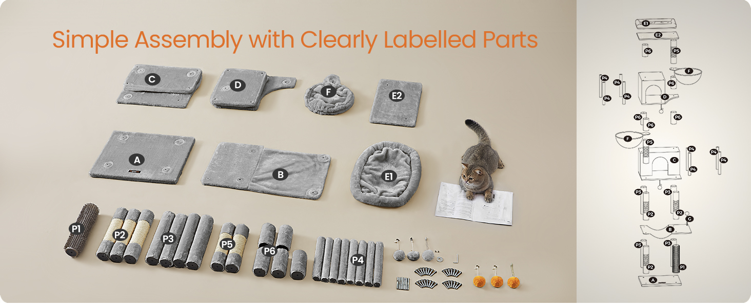 Egy termék szétszerelt részei fém alkatrészekkel, csavarokkal és egy ábrával. Tartalmaz egy kis macskafigurát a méretarány kedvéért.