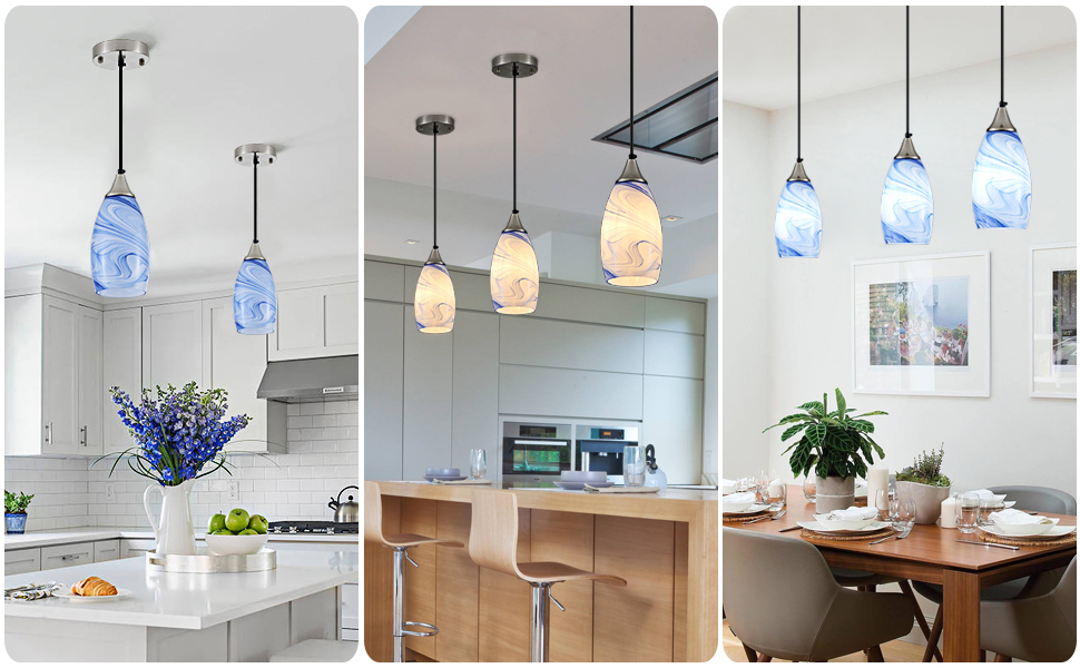 Glass Pendant Light with Handblown Blue Marble Art Glass Shade