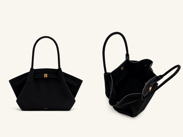 Two views of a black handbag with long handles. Bag has a wide opening and structured shape, shown from front and side angles.