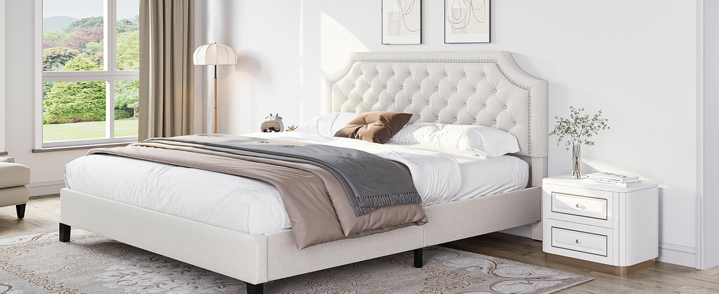 YITAHOME Full Bed Frame with Adjustable Headboard, Beige