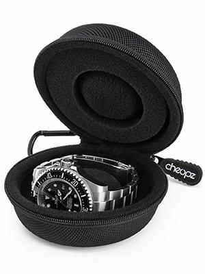 Cheopz Black Single Travel Watch Case - Product front image, open and with the removable foam inside