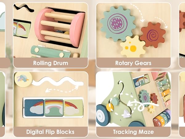 Our wooden push walkers for babies has 8 fun Montessori-inspired activities!