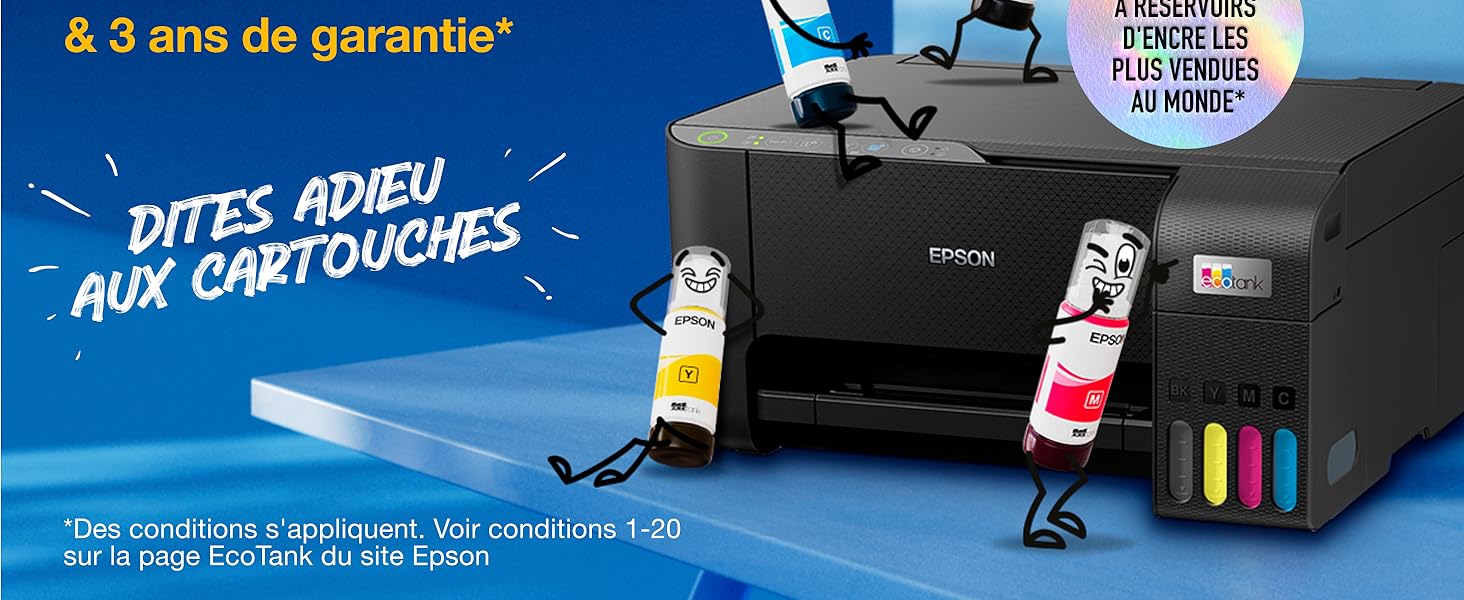 Le texte indique « DITES ADIEU AUX CARTOUCHES » et « & 3 ans de garantie ». Série de photos de produits montrant les caractéristiques et les interfaces des appareils électroniques.