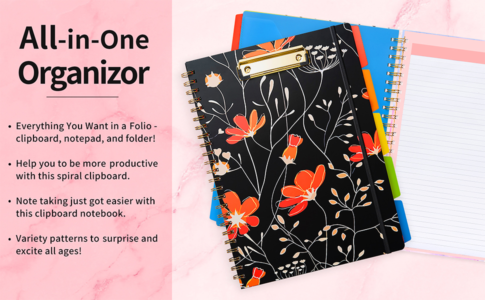 Sooez Spiral Clipboard Folio with Refillable Notepad, Cute