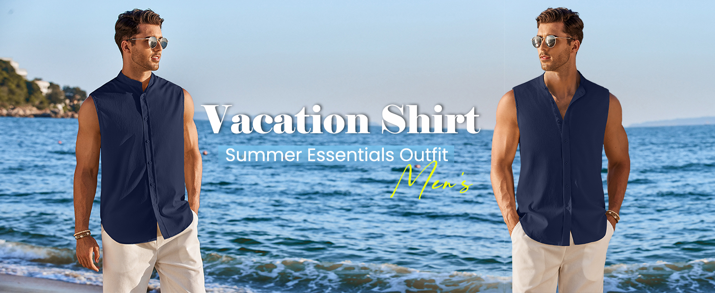 COOFANDY Men's Summer Beach Tank Tops Sleeveless Button Up Shirt Casual