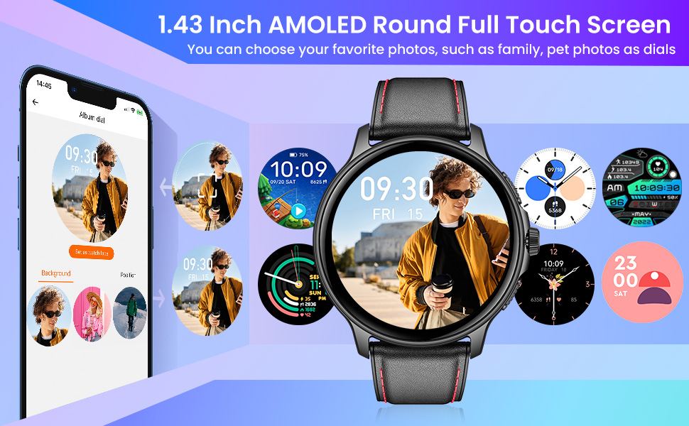Text reads '1.43 inch AMOLED Round Full Touch Screen'. Smartwatch advertisement showing circular display with multiple app icons and fitness tracking features.