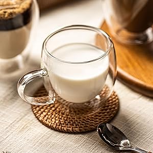 Dyserbuy 4 Pack Double Walled Glass Mug, Cappuccino Drinking Cups, Insulated Glass Coffee Cup with Handle, Perfect for Cappuccino, Latte, Espresso, Tea, Juice, Beverage (250ml/ 8.5oz) 17 Set of 4 Clear Glass Coffee Cups with Handle