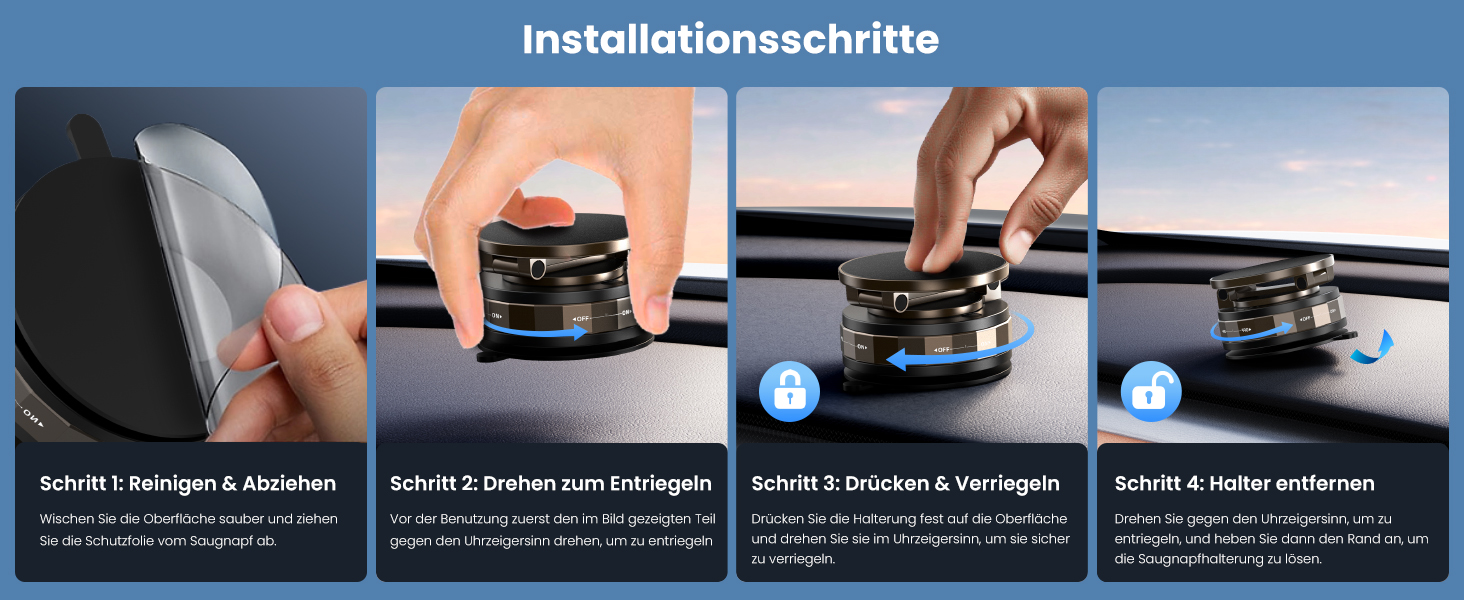 Reihe von Anleitungsbildern, die den schrittweisen Einrichtungsvorgang für ein Gerät zeigen, dargestellt in horizontaler Reihenfolge mit blauem Hintergrund.