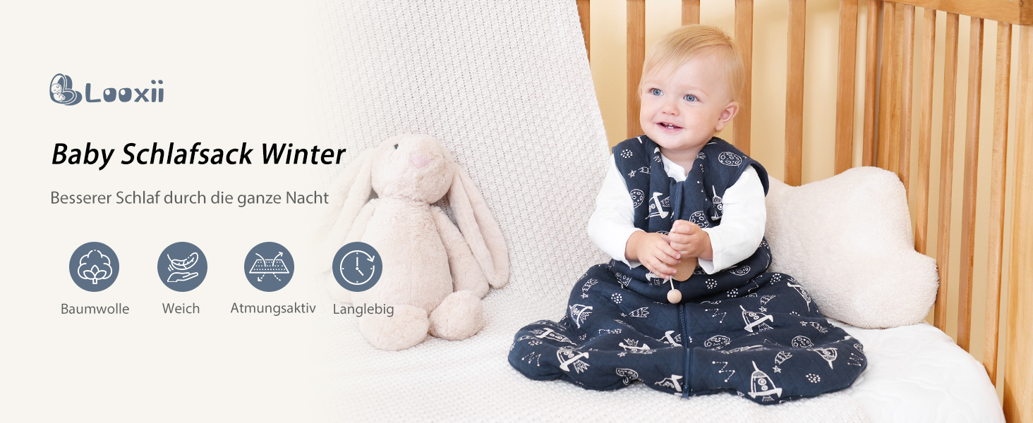 Babyschlafsack für den Winter. Dunkelblauer Stoff mit weißem Sternenmuster Das Produkt zeichnet sich durch Temperaturregulierung, Armfreiheit und rutschfestes Design aus