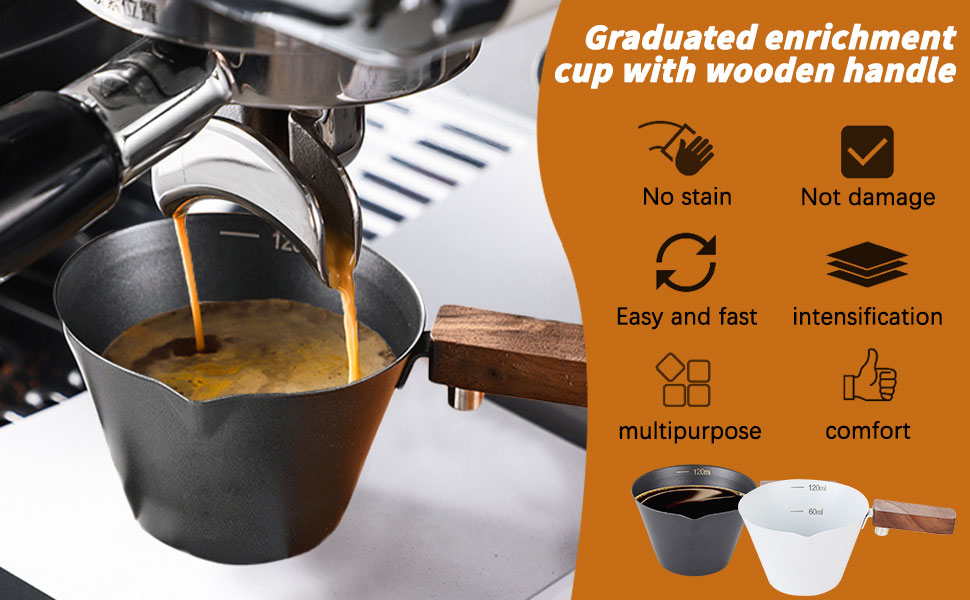 Kytpyi Measuring Cups, Espresso Shot Glass, 120mL Stainless Steel Measuring Cups with V-spout Wooden Handle Scale Mark for Coffee Drinks, Small Minimalist Espresso Measuring Cup for Home Cafe (Black) 10 measuring cups