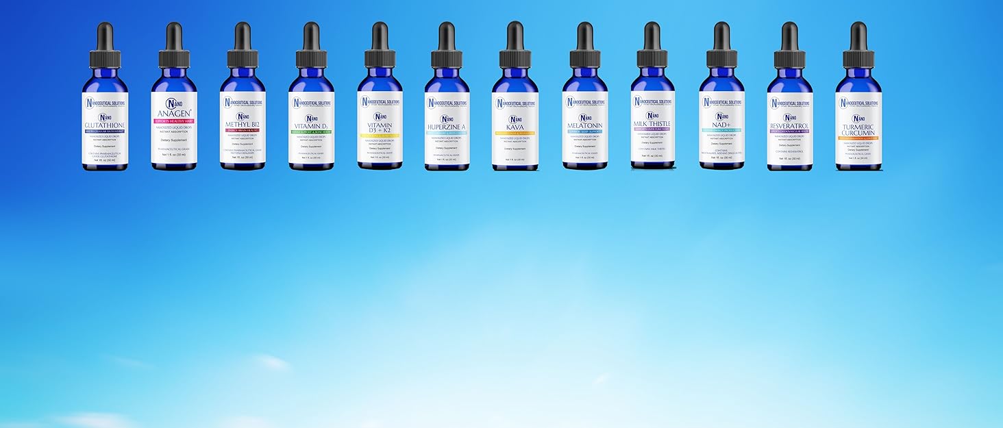 Products lined up in a row, blue background, text reads "When Bioabailability Matters"