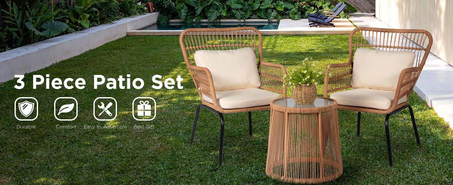 3 Pieces Wicker Patio Set Outdoor Rattan Chair
