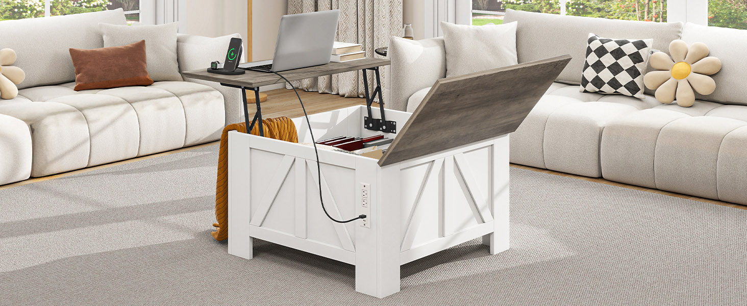 Farmhouse Lift Top Coffee Table with Storage, Wood Square Center Table Hidden Tables for Living Room