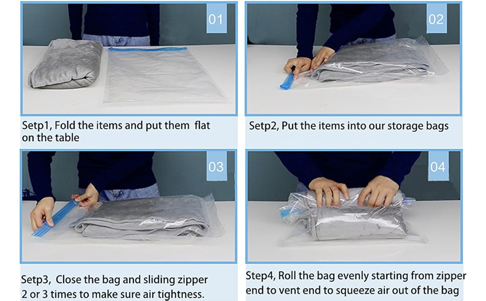 Roll Up Storage Bags for Travel, 4 Pack Medium 60x40cm Compression Bags