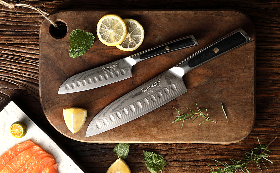 Sunnecko Santoku Knife 7 inch, Japanese Knife with Damascus VG10 Blade