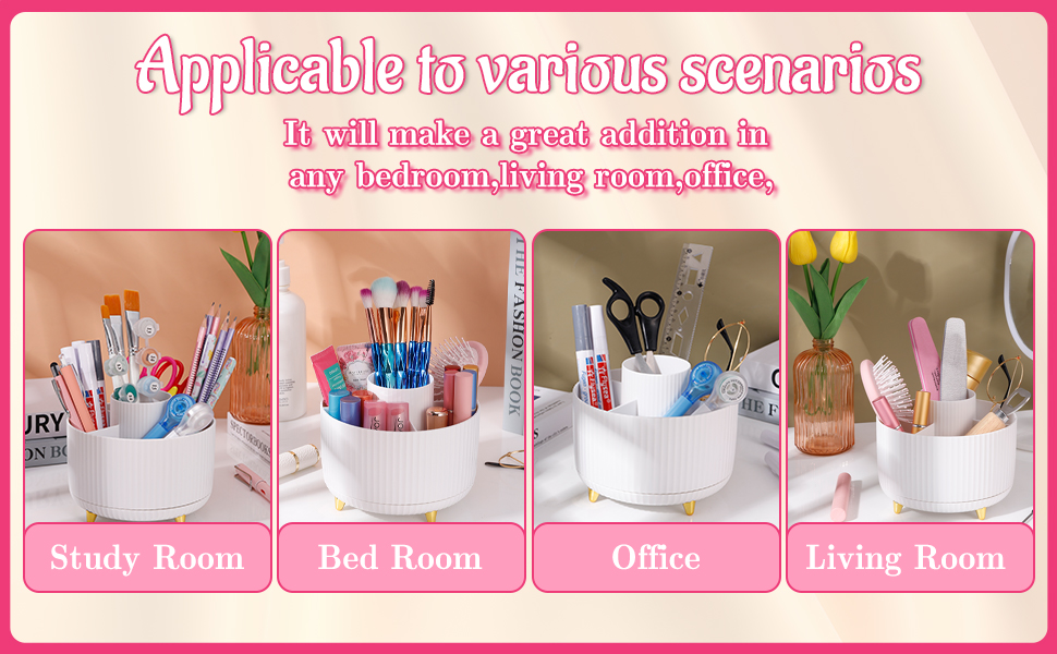 Rotating Makeup Organizer, 360° Spinning Make up Stand, 5 Slot Makeup Brushes Cup and Pencil Pen Holder, for Vanity Decor, Bathroom Countertops, Desk Storage Container, Cosmetic Display Cases(White) 15 Rotating Makeup Organizer