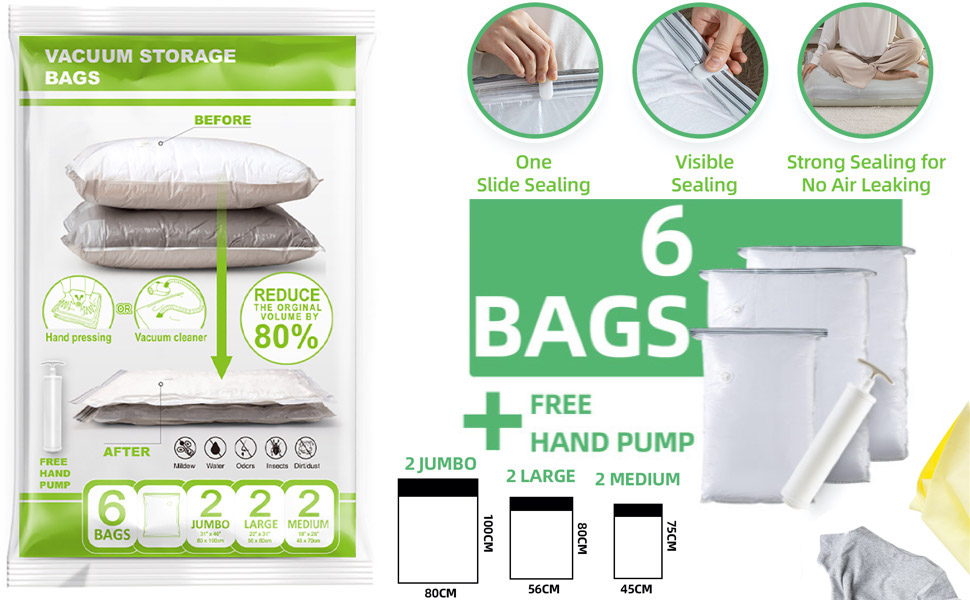 Vacuum Storage Bags 6 Bags RKINC 2 Jumbo + 2 Large + 2 Medium