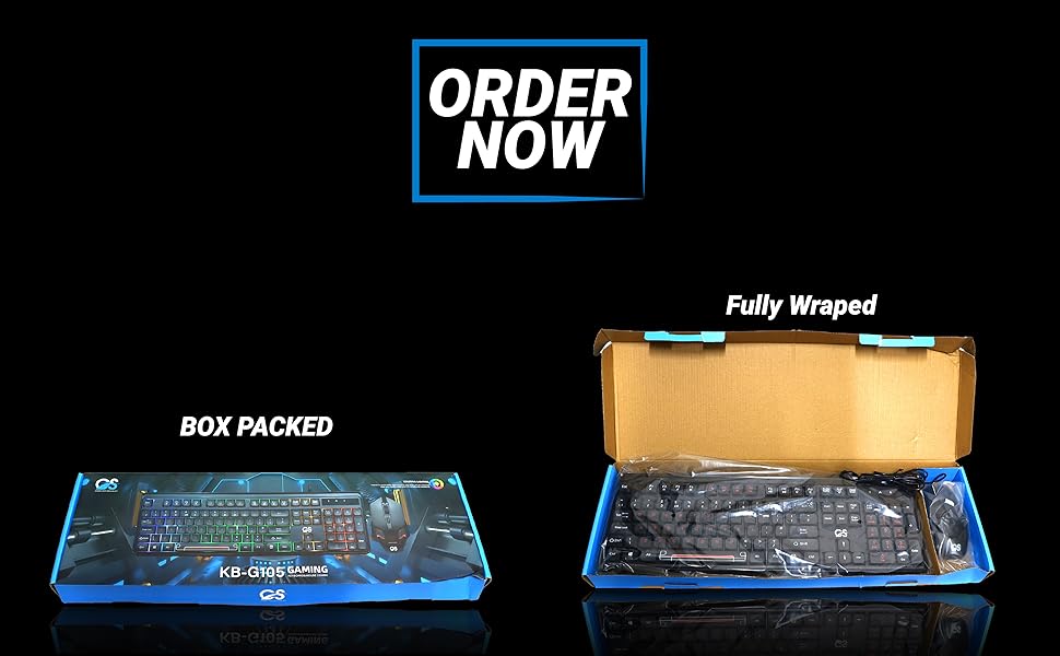 Two gaming keyboards in packaging: one in a closed blue box, the other in an open cardboard box showing the keyboard wrapped in plastic. Text 'ORDER NOW' visible above.