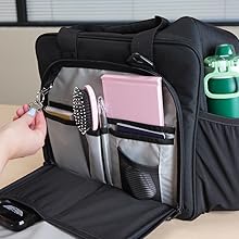 crewpack front pocket with logbook, brush, passport, electronics.