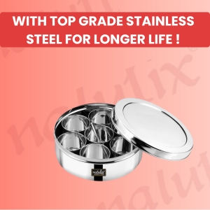 "NATULIX Premium stainless steel masala dabba, mirror finish, rust-free & durable"