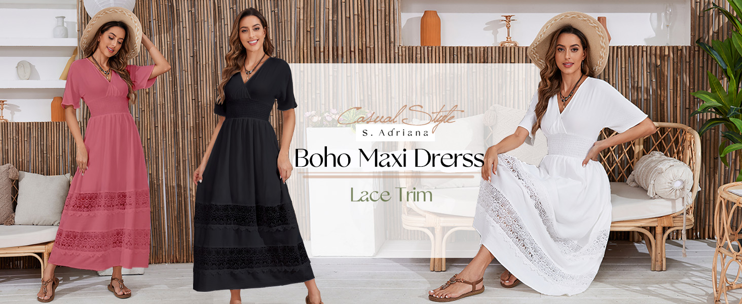 white boho dress maxi bohemian lace wedding guest casual summer 2024 long short sleeve smocked beach