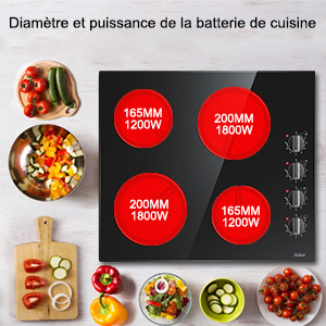 Hobsir Plaque Vitrocéramique 6000W, Plaque De Cuisson Vitroceramique 4 Feux, 9 Niveaux De Puissance, 4 Zones De Cuisson, Surface En Verre Noir Poli 59 Cm, Bouton De Commande, Fil Dur, Pas De Prise 16 300:300