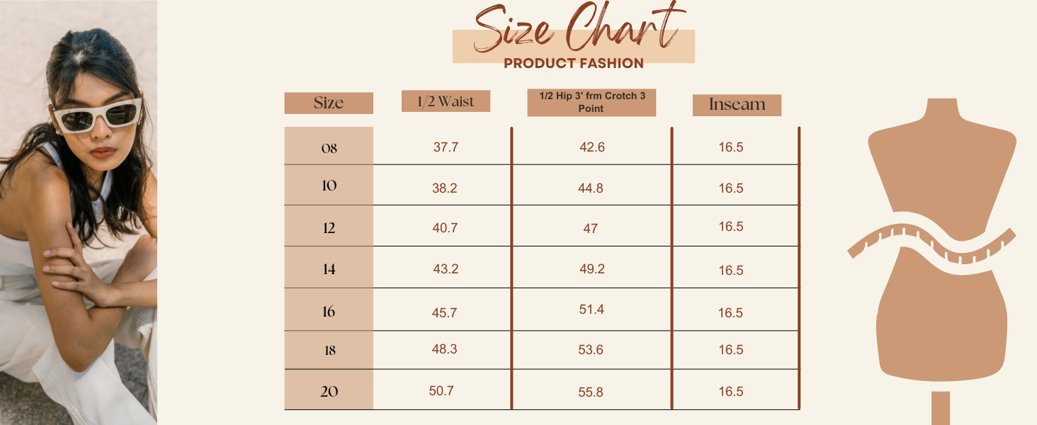 Size chart for clothing with measurements in inches. Chart shows bust, waist, and hip sizes for XS to XL. Includes silhouette of dress form and measuring tape.