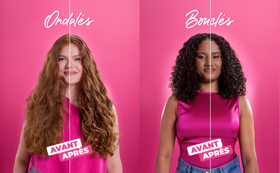 Série d'images sur fond rose vif montrant des modèles aux cheveux bouclés volumineux dans diverses poses.