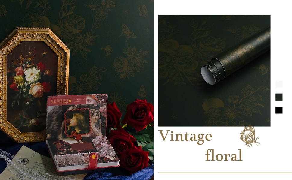 Dimoon green floral wallpaper contact paper flower waterproof wall covering dark green peel stick