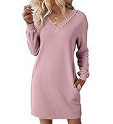 EVALESS Fall Dresses for Women 2025 Fashion V Neck Long Sleeve Summer Mini Dress Solid Casual Bea...
