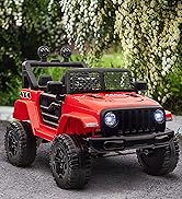 Red ride-on electric toy car with black trim features working LED headlights, rugged tires, and off-road styling in outdoor setting.