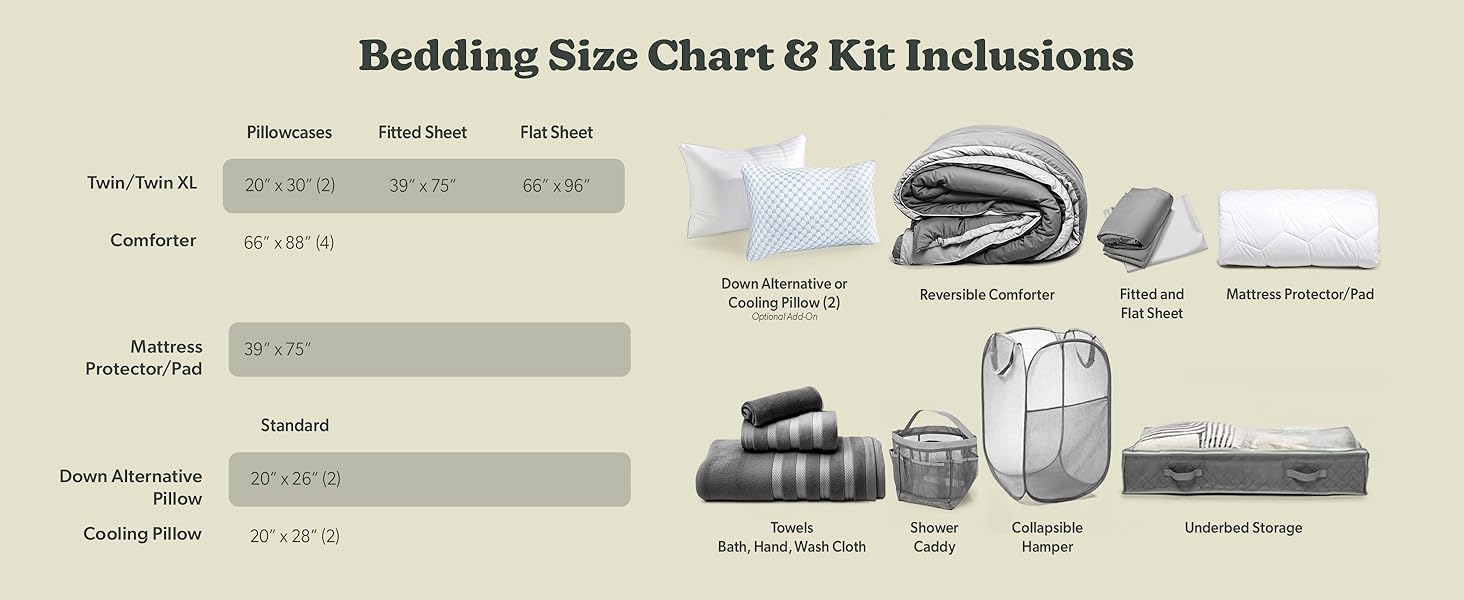 Bedding Size Chart &amp; Kit Inclusions