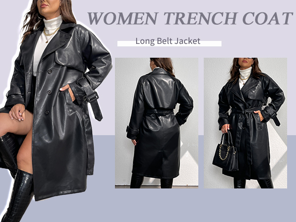 Geschallino Women's Trench Coat Plus Size Faux Leather Long