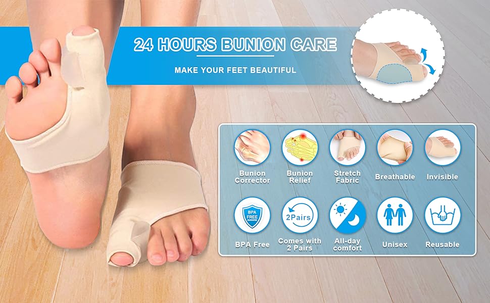 LetsLife Bunion Corrector Sleeves with PE Foam Tape, 2 Pairs of Big Toe