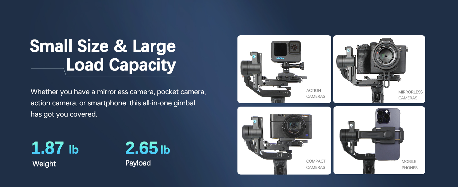All in one gimbal,compatible with mirrorless cameras, compact cameras, smartphones&action cameras.