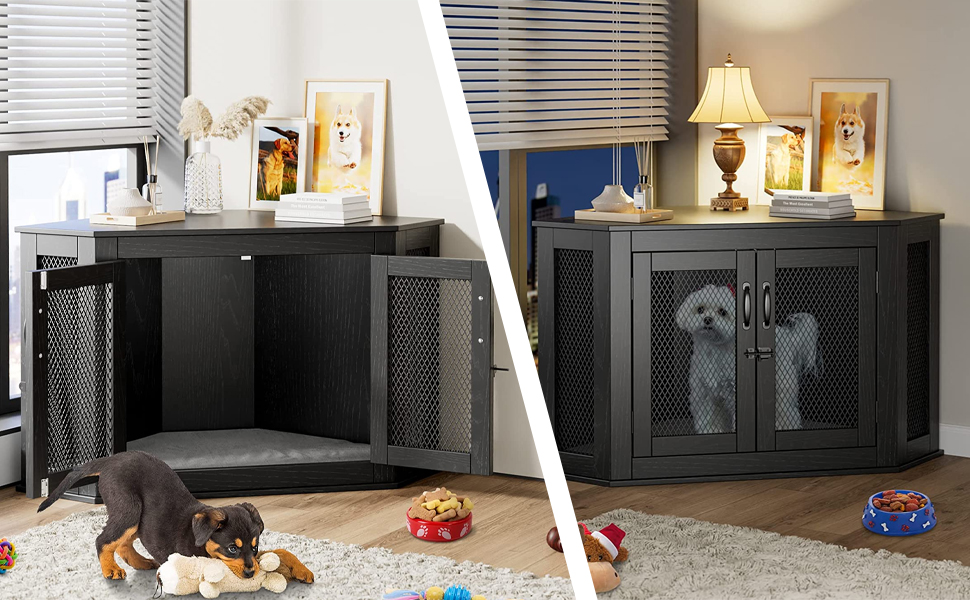 Furniture Corner Dog Crate with Cushion, Medium Small Dog Kennel Indoor Use, Double