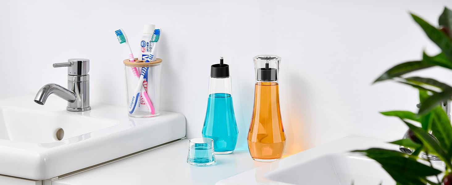Glass Mouthwash Dispenser With Cup - Refillable Bathroom Dispenser For Mouthwash, 260ml Capacity