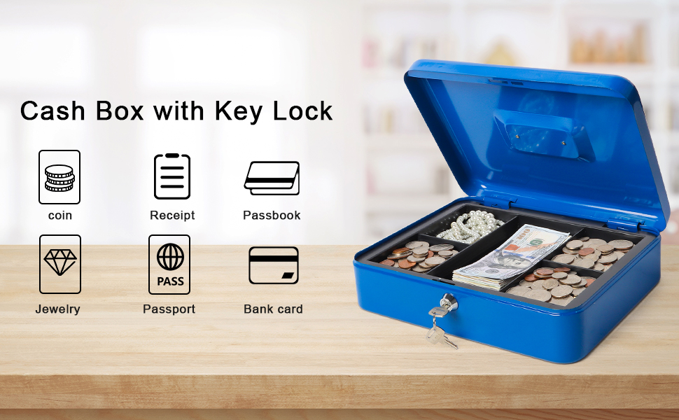 Large Cash Box with Money Tray and Lock, Lovndi Metal money Box for Cash, Lockbox 11