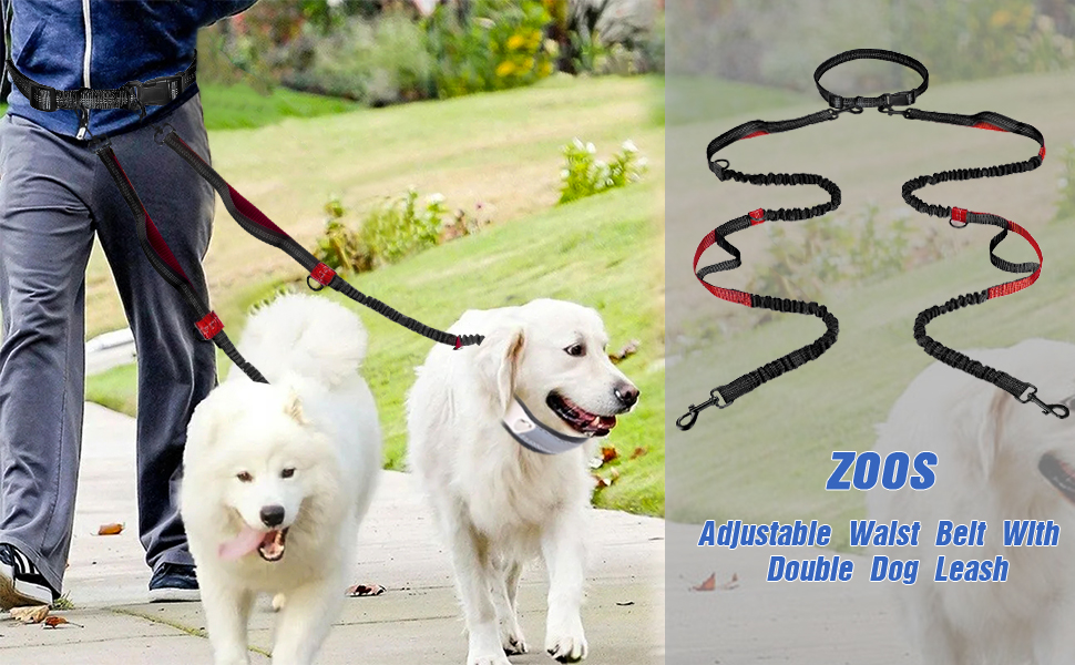 Hands Free Dog Leash, ZOOS Adjustable Waist Leash with Double Dog Leash